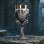 A dark metal House Stark chalice with direwolf designs and “Winter is Coming” engraving.