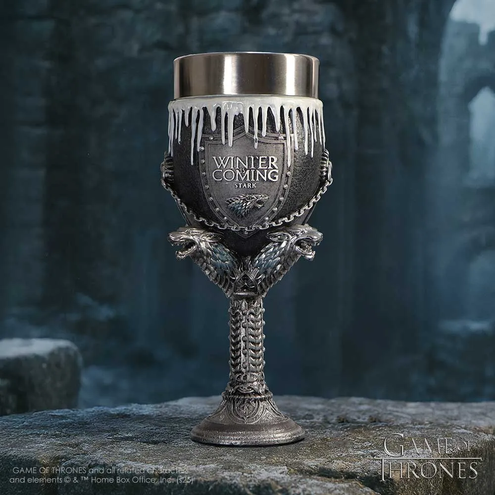A dark metal House Stark chalice with direwolf designs and “Winter is Coming” engraving.