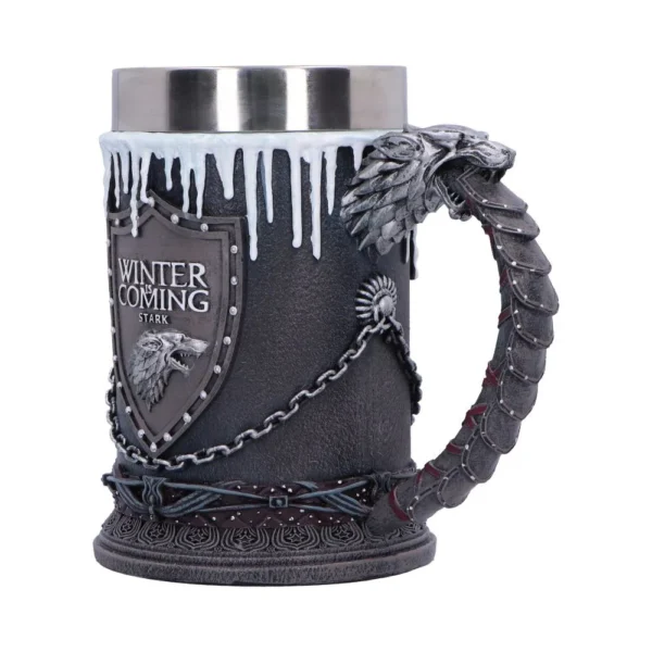 A detailed Game of Thrones House Stark mug with direwolf emblem and icy medieval design.
