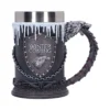 Game of Thrones House Stark Ceramic Mug - Silver Direwolf Design A detailed Game of Thrones House Stark mug with direwolf emblem and icy medieval design.