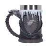 House Stark Ceramic Mug Dark Gray - Direwolf Emblem Handle A dark gray House Stark mug with direwolf emblem, icy details, and sculpted wolf handle.
