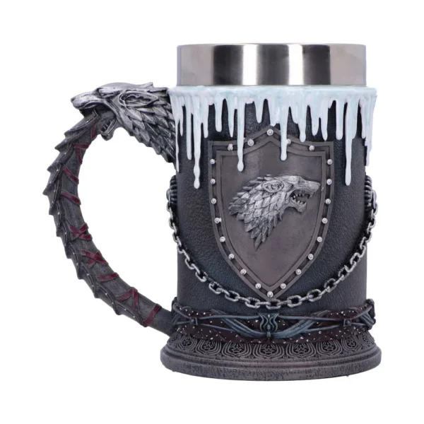 A dark gray House Stark mug with direwolf emblem, icy details, and sculpted wolf handle.