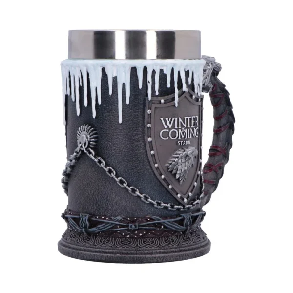Game of Thrones House Stark Mug Black Resin With Icy Rim Game of Thrones House Stark black mug with direwolf emblem and frosted icy rim.