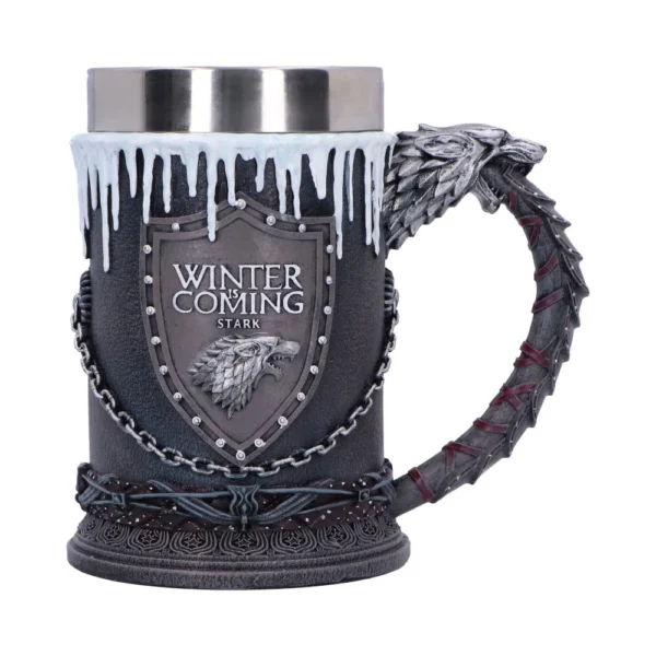 Game of Thrones House Stark Ceramic Mug - Silver Direwolf Design A detailed Game of Thrones House Stark mug with direwolf emblem and icy medieval design.