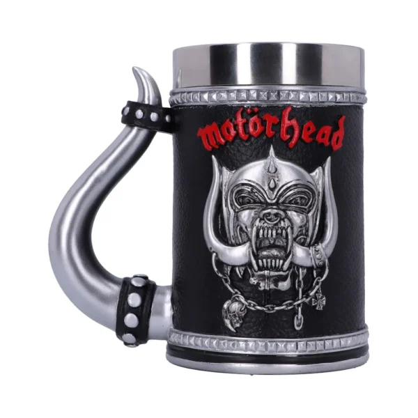 Motörhead Black Leather Mug - Silver Warpig Emblem & Horn Handle Black Motörhead mug with silver Warpig emblem and horn handle, heavy metal design The-Hidden-Hatch