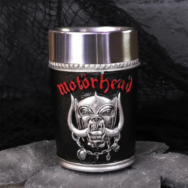 Motörhead Warpig Stainless Steel Black Cup - Red Logo Studded Rim Motörhead Warpig black and silver drinking cup with red logo and metal studs The-Hidden-Hatch
