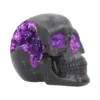 Black Skull Sculpture Resin Artwork - Purple Crystal Core A matte black skull sculpture with glowing purple crystals embedded in its cracked surface.