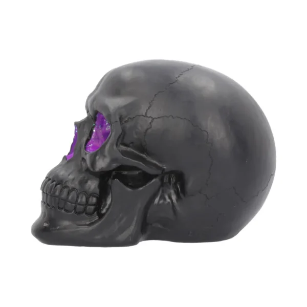 Black Skull Sculpture Resin Art - Matte Finish Purple Eyes A black skull sculpture with glowing purple eyes on a white background.