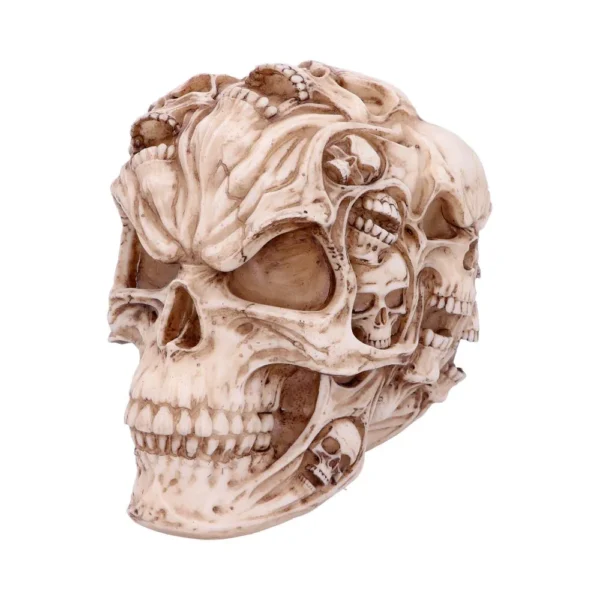 A detailed bone-colored skull sculpture made of many smaller skulls fused together.
