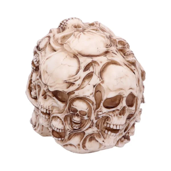 A spherical sculpture made of fused human skulls with aged bone coloring and detailed texture.