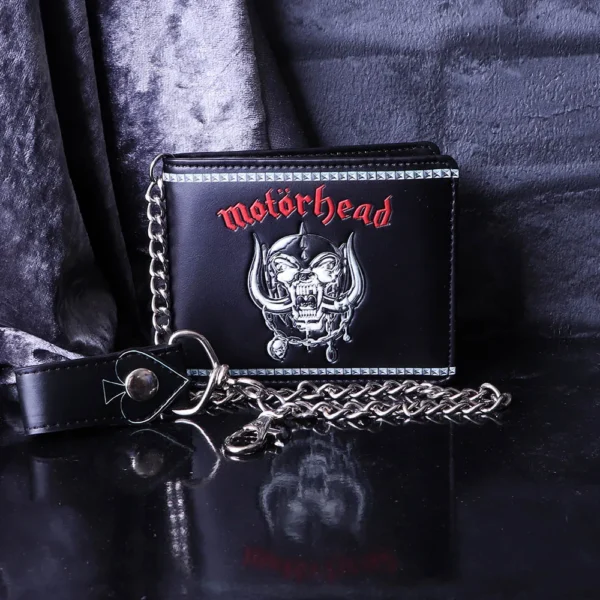 Motörhead Black Leather Wallet With Metal Snaggletooth Chain Black Motörhead leather wallet with metal Snaggletooth emblem and silver chain, The-Hidden-Hatch