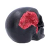 Black Skull Sculpture Resin Art - Red Crystal Geode Interior A black skull sculpture with a red crystal geode interior and shimmering metallic flecks.