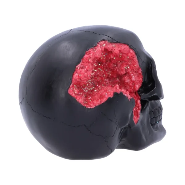 Black Skull Sculpture Resin Art - Red Crystal Geode Interior A black skull sculpture with a red crystal geode interior and shimmering metallic flecks.