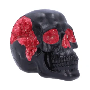 Black Skull Sculpture Resin Art - Red Crystal Geode Interior A black skull sculpture with glowing red crystal geode interior and sparkling eye sockets.
