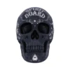 Spirit Board Decorative Skull Resin Sculpture - Black White Design A black decorative skull with white spirit board designs and mystical symbols.