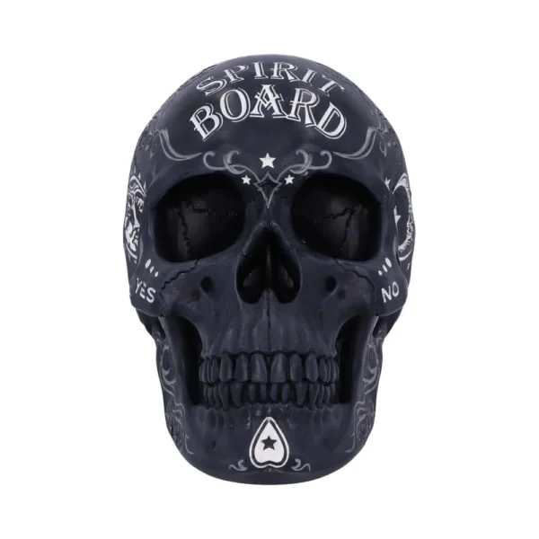 A black decorative skull with white spirit board designs and mystical symbols.