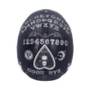 Ouija Board Inspired Skull Sculpture - Black Glossy Finish A glossy black skull with white Ouija board letters, numbers, and mystical symbols.