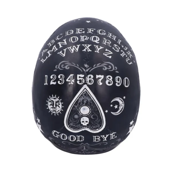 Ouija Board Inspired Skull Sculpture - Black Glossy Finish A glossy black skull with white Ouija board letters, numbers, and mystical symbols.