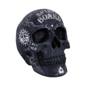 Spirit Board Skull Sculpture Black Resin - Sun Moon Design A black decorative skull with white spirit board designs and mystical sun-moon symbols.
