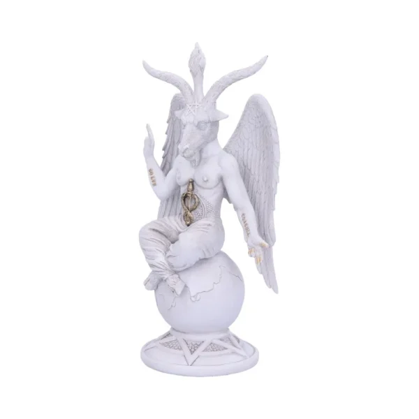 A detailed white statue of Baphomet with goat head, wings, and symbolic occult elements.