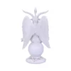 Mythic Winged Humanoid Sculpture White Marble Finish - Duality A white winged humanoid sculpture with curved horns standing on a spherical base with pentagram design.