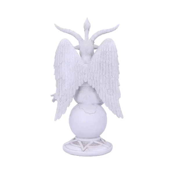 A white winged humanoid sculpture with curved horns standing on a spherical base with pentagram design.