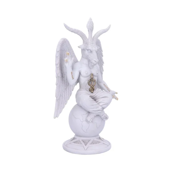 Baphomet Statue White Marble Finish - Gold Accents and Symbols A white marble-like Baphomet statue with goat head, wings, and gold-accented symbolic details.