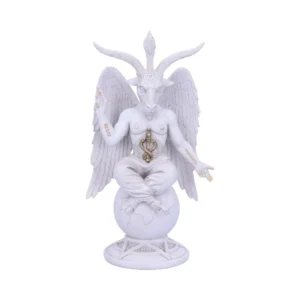 Baphomet Statue White Marble Finish - Duality and Alchemy Symbol A white Baphomet statue with goat head, wings, and symbolic alchemical gestures.