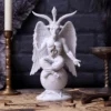 Baphomet Statue Bronze Occult Altar Decor - Winged Symbolic Design A detailed Baphomet statue with goat head, wings, and occult symbols on a dark altar.