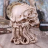 Cthulhu Skull Octopus Sculpture Bone Resin - Nautical Relic A bone-colored skull-octopus sculpture with tentacles displayed among nautical artifacts on a wooden surface.