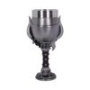 Gothic Metal Goblet Silver And Black With Red Gem Accents A gothic silver goblet with red gemstones and ornate engravings on a dark base. The-Hidden-Hatch