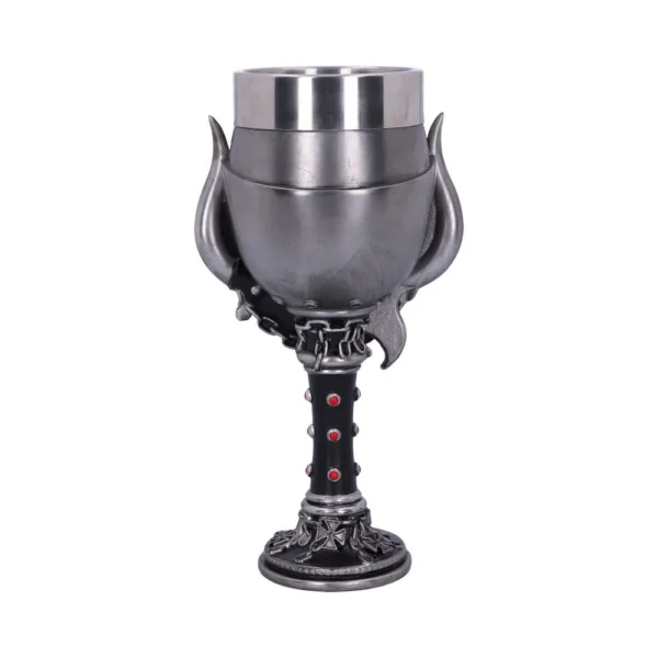 Gothic Metal Goblet Silver And Black With Red Gem Accents A gothic silver goblet with red gemstones and ornate engravings on a dark base. The-Hidden-Hatch