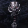 Demon Goblet Metal Cup Gray With Red Eyes And Horned Design A gothic demon-faced metal goblet with red glowing eyes and horned design. The-Hidden-Hatch
