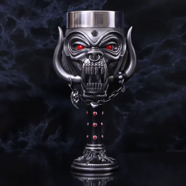 Demon Goblet Metal Cup Gray With Red Eyes And Horned Design A gothic demon-faced metal goblet with red glowing eyes and horned design. The-Hidden-Hatch