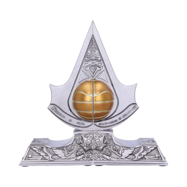 Silver Assassin’s Creed insignia sculpture with golden orb centerpiece and engraved details. The-Hidden-Hatch