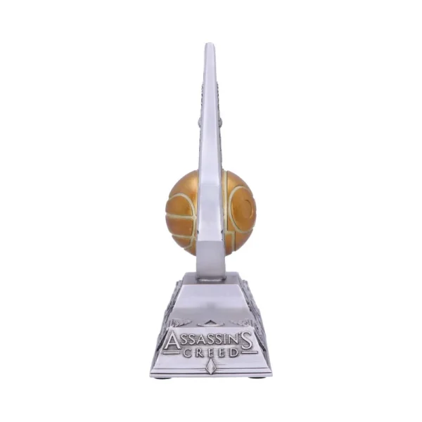 Silver and gold Assassin’s Creed collectible statuette featuring logo base and golden orb centerpiece The-Hidden-Hatch