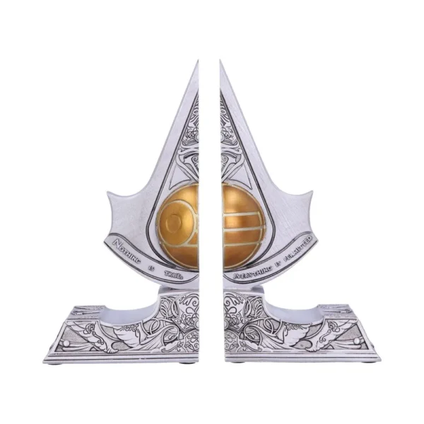 Assassin’s Creed Metal Bookends Silver Finish - Golden Orb Engraved Metal Assassin’s Creed logo bookends with golden orb and engraved motto display piece The-Hidden-Hatch
