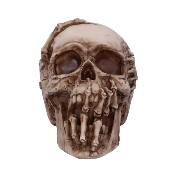 Haunted Skull Sculpture Resin Beige - Skeletal Hand Design A detailed beige skull sculpture with skeletal fingers covering its mouth and nose.