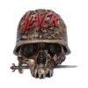 A bronze skull with a Slayer helmet and sword through its mouth, detailed with demonic carvings.