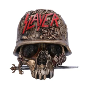 Slayer Skull Sculpture Bronze Helmet - Sword and Demonic Detail A bronze skull with a Slayer helmet and sword through its mouth, detailed with demonic carvings.