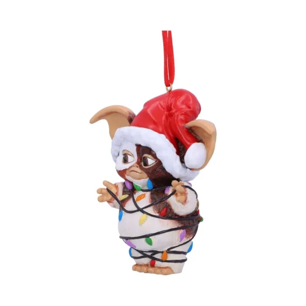 Gizmo Christmas Ornament Resin Figurine Red Santa Hat Lights Gizmo Christmas ornament tangled in colorful holiday lights wearing a Santa hat The-Hidden-Hatch