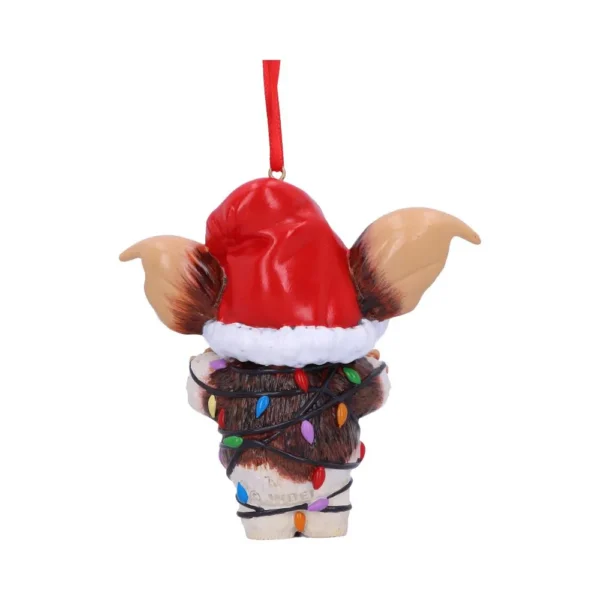 Gizmo Christmas Ornament Figurine Brown Red - Santa Hat Lights Back view of Gizmo Christmas ornament wrapped in colorful lights wearing a Santa hat. The-Hidden-Hatch