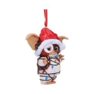About Us 1 Gizmo Christmas ornament tangled in colorful holiday lights wearing a red Santa hat The-Hidden-Hatch