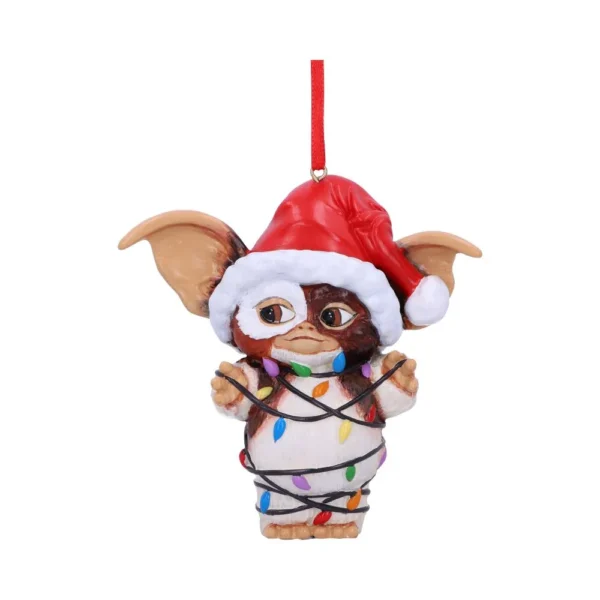 Gizmo Christmas Ornament Resin Brown - Santa Hat & Lights Gizmo Christmas ornament tangled in colorful lights wearing a Santa hat The-Hidden-Hatch