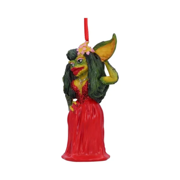 Female Gremlin Christmas Ornament Red Gown With Pink Flower Female gremlin Christmas ornament in red glitter gown with green skin and pink flower accessory The-Hidden-Hatch