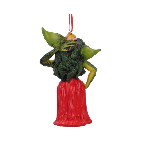 Greta Gremlin Christmas Ornament Figurine - Green and Red Dress Green female gremlin ornament in red dress with long hair and pointed ears. The-Hidden-Hatch