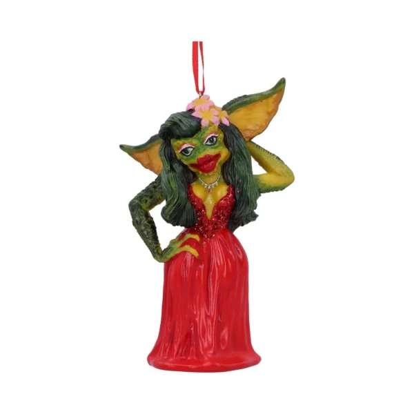 Greta The Gremlin Ornament Figurine - Red Dress With Ribbon Greta the Gremlin red dress hanging ornament with green skin and red ribbon The-Hidden-Hatch