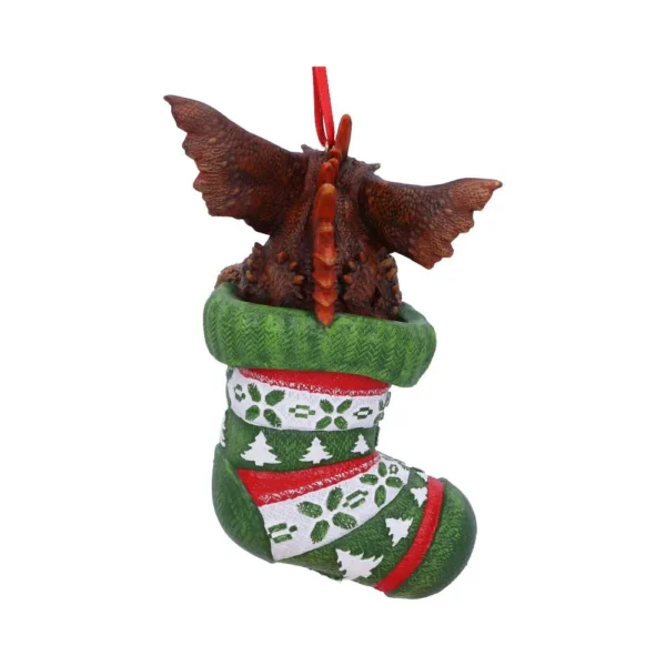 Dragon Christmas Stocking Ornament Resin Green Red - Winged Design A small dragon peeking from a green and red Christmas stocking ornament The-Hidden-Hatch