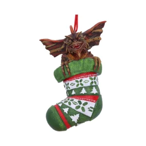 Gremlin Christmas Ornament Green Stocking - Red Ribbon Detail A gremlin Christmas ornament climbing from a green holiday stocking with red ribbon The-Hidden-Hatch
