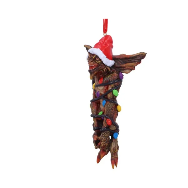 Gremlin Christmas Ornament Resin Brown - Tangled in Lights Gremlin Christmas ornament tangled in colorful holiday lights wearing a Santa hat. The-Hidden-Hatch